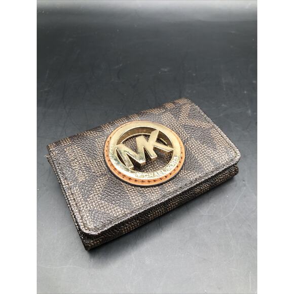 Michael Kors MK Logo Leather Card Case Wallet Brown With MK Pattern 2 Slots - Picture 3 of 9